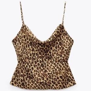 Zara Cami Crop Leopard Animal Print Chain Straps Satin Cami Blouse Tank Top